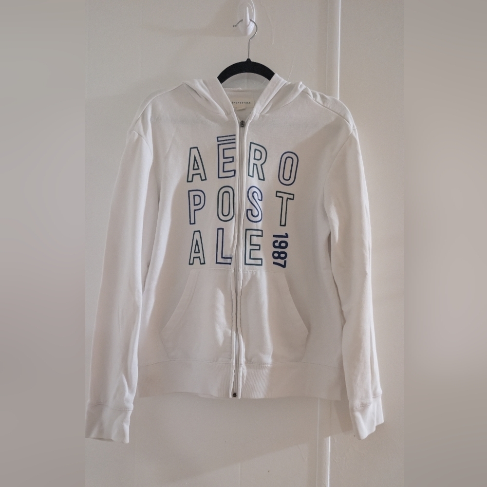 Aeropostale White Zip-Up Hoodie With Blue Letters - Picture 2 of 9